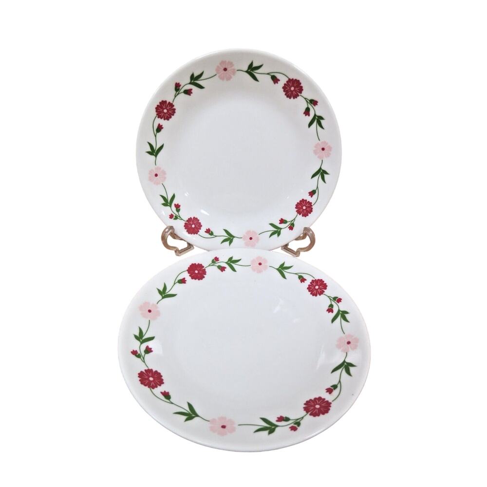 2 Corelle Spring Pink Red Flowers Floral Rim Bread & Butter Plates - 6.75"